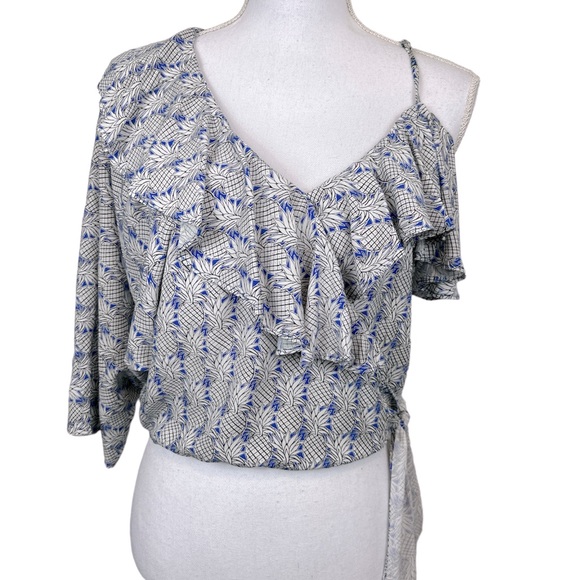 Maeve Anthropologie One Shoulder Pineapple Printed Ruffle Wrap Blouse Size S - Picture 7 of 8